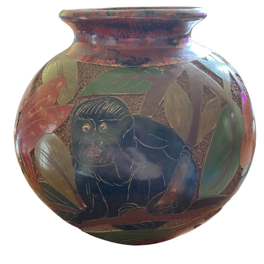 Costa Rican rain forest themed vase plant pot large monkey birds flowers Irma ro